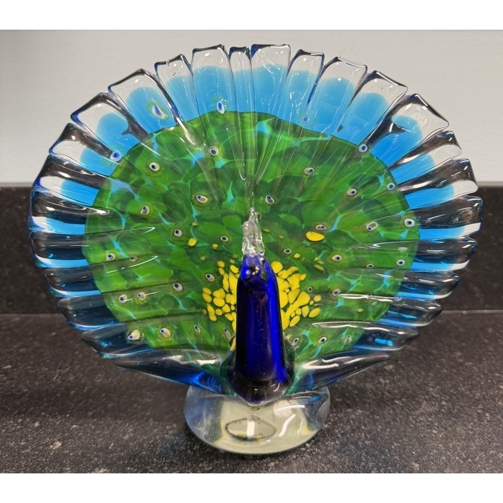 Large Dynasty Gallery Vinci Hand Fused Art Glass‎ Peacock Sculpture 9"x7.5"